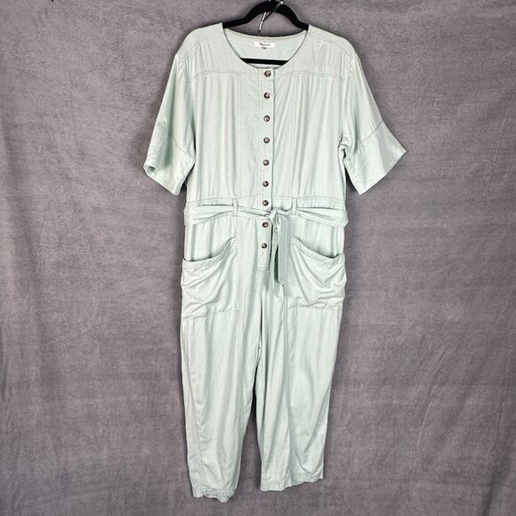 Madewell Jumpsuit Womens 14 Mint Green Top Stitched Coveralls Belted Cropped - Picture 2 of 16